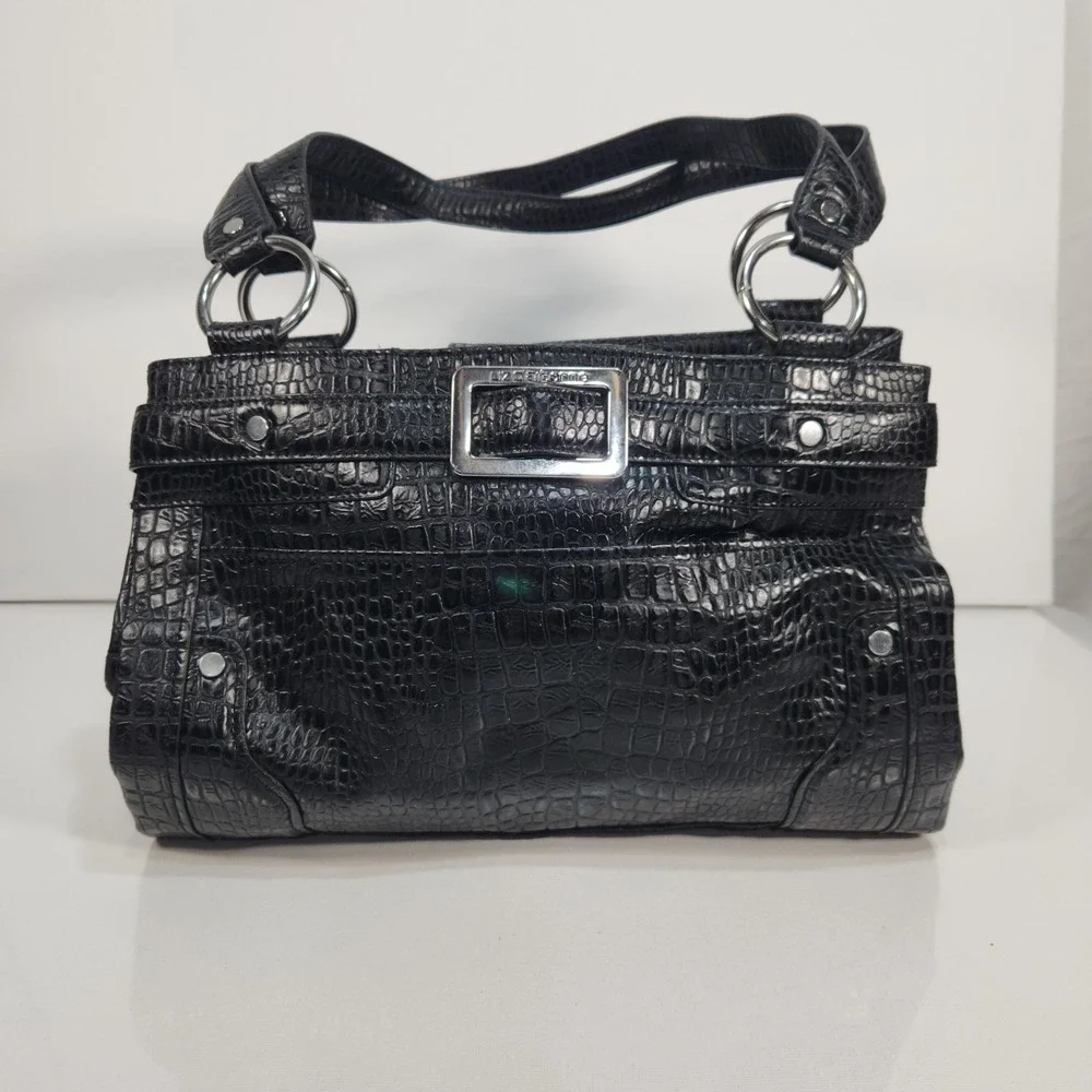 Liz Claiborne Crocodile Embossed Black Satchel Handbag Shoulder Handbag‎ Buckle